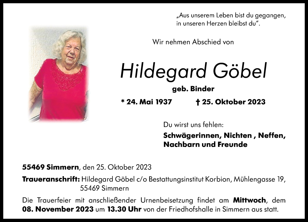 Traueranzeigen von Hildegard Göbel rz trauer de