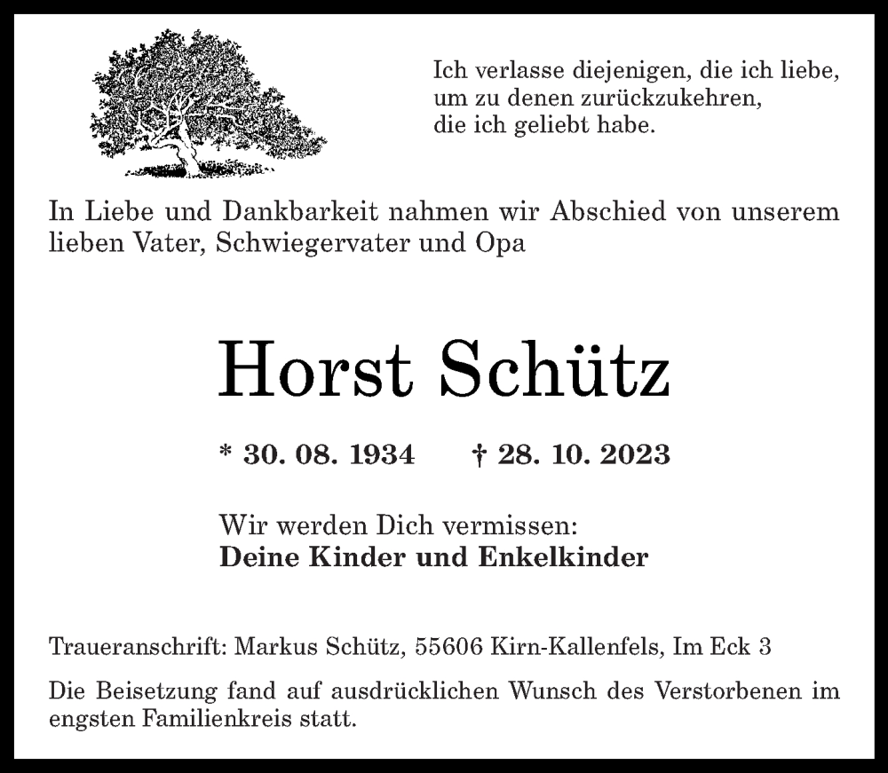 Traueranzeigen von Horst Schütz rz trauer de