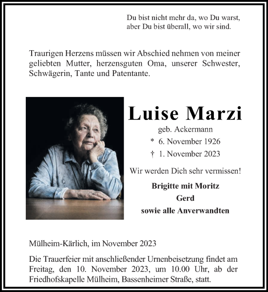 Traueranzeigen Von Luise Marzi Rz Trauer De