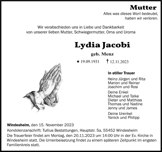 Traueranzeigen Von Lydia Jacobi Rz Trauer De