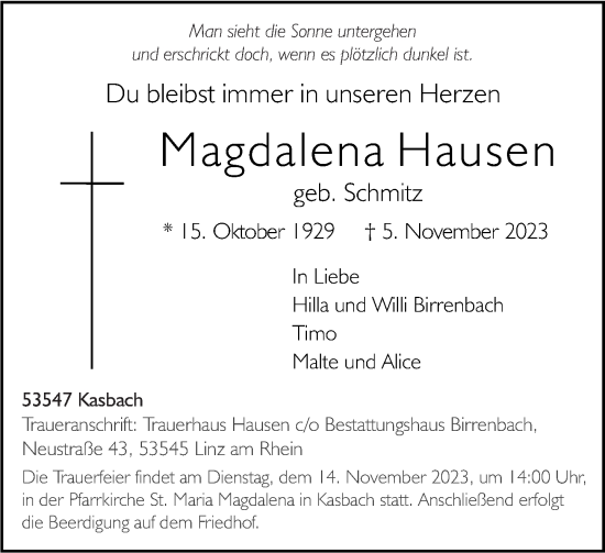 Traueranzeigen Von Magdalena Hausen Rz Trauer De