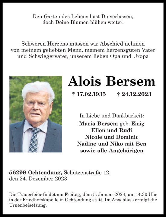 Traueranzeigen Von Alois Bersem Rz Trauer De