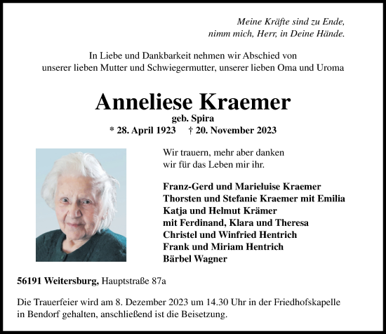 Traueranzeigen Von Anneliese Kraemer Rz Trauer De