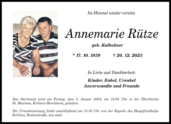 Traueranzeigen von Annemarie Rütze rz trauer de