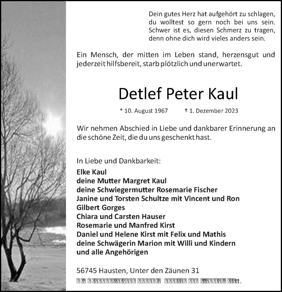 Traueranzeigen Von Detlef Peter Kaul Rz Trauer De