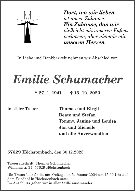 Traueranzeigen Von Emilie Schumacher Rz Trauer De