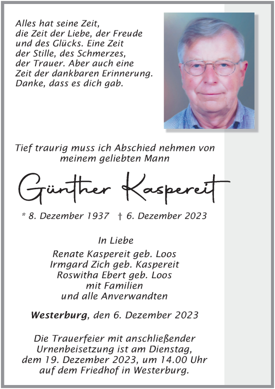 Traueranzeigen von Günther Kaspereit rz trauer de