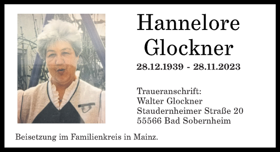 Traueranzeigen Von Hannelore Glockner Rz Trauer De