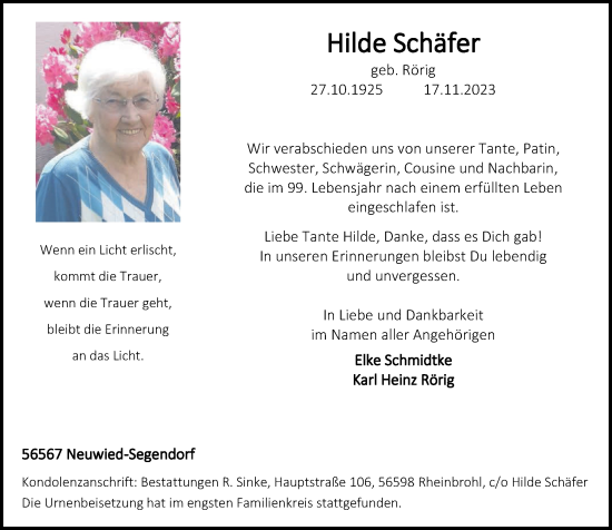 Traueranzeigen von Hilde Schäfer rz trauer de