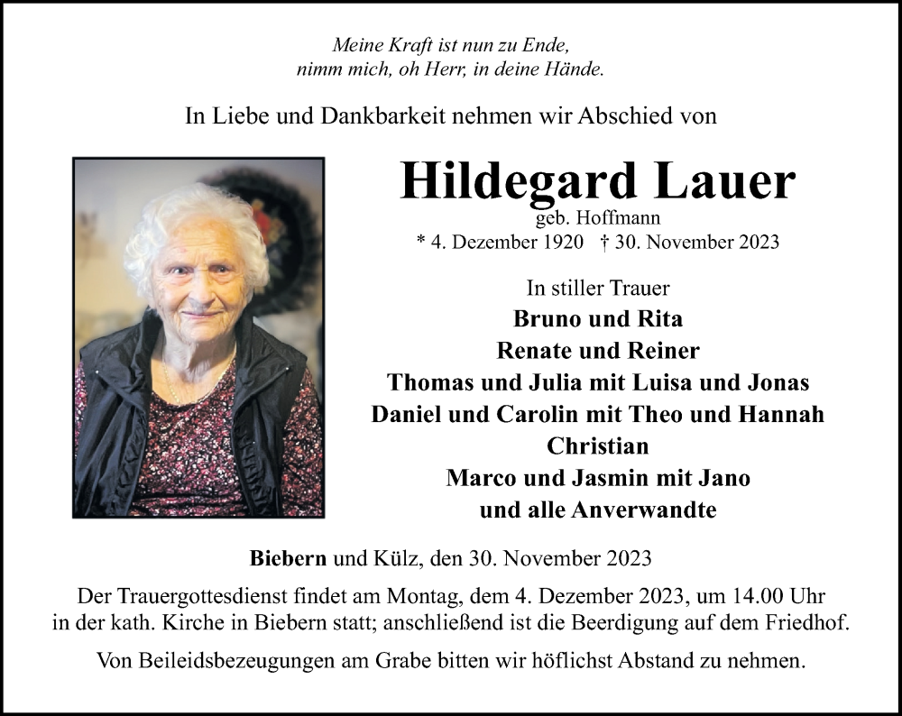 Traueranzeigen Von Hildegard Lauer Rz Trauer De