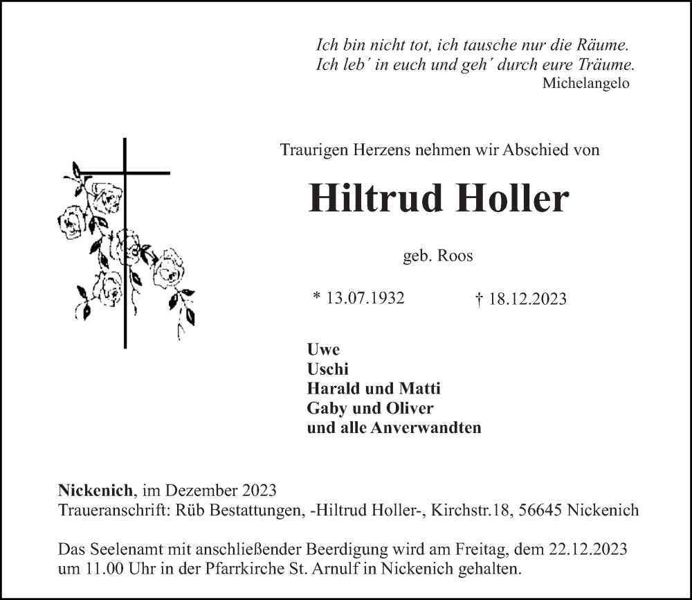 Traueranzeigen Von Hiltrud Holler Rz Trauer De