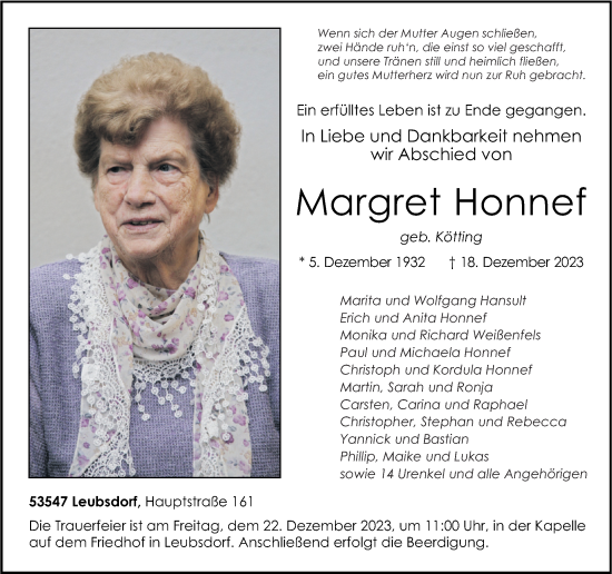 Traueranzeigen Von Margret Honnef Rz Trauer De