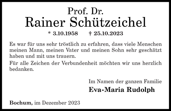 Traueranzeigen von Rainer Schützeichel rz trauer de