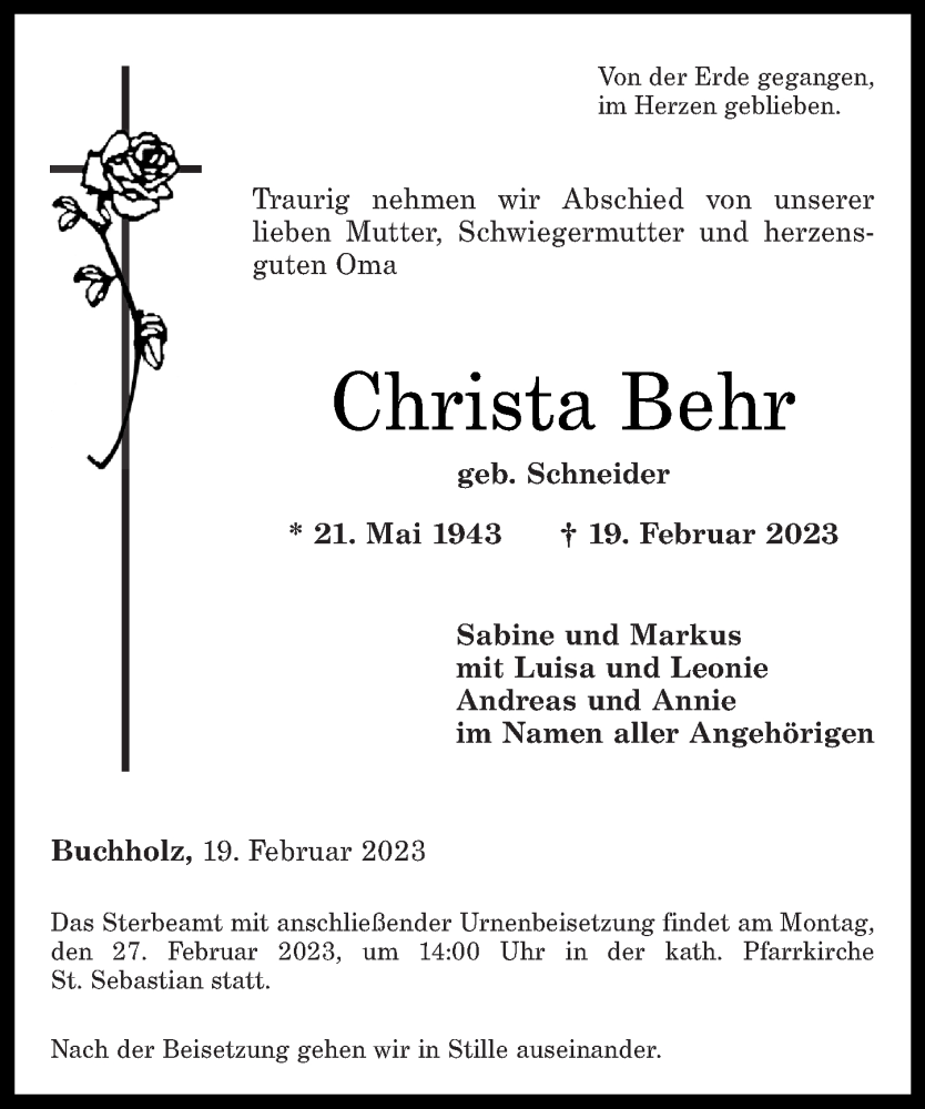 Traueranzeigen Von Christa Behr Rz Trauer De