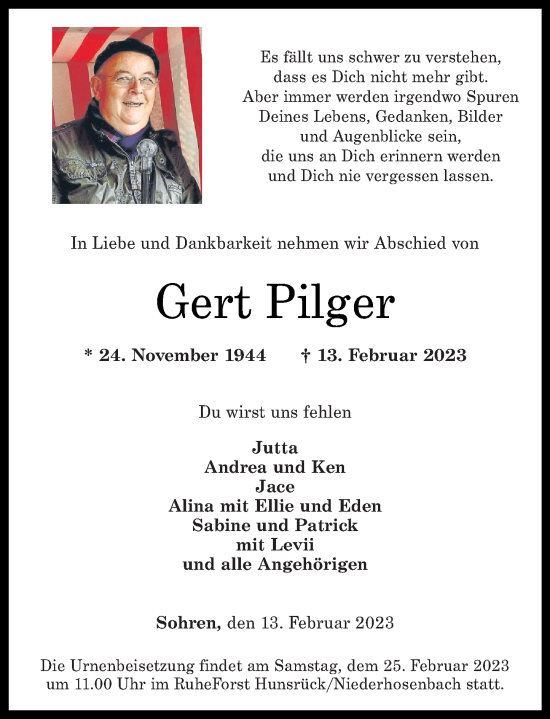 Traueranzeigen Von Gert Pilger Rz Trauer De