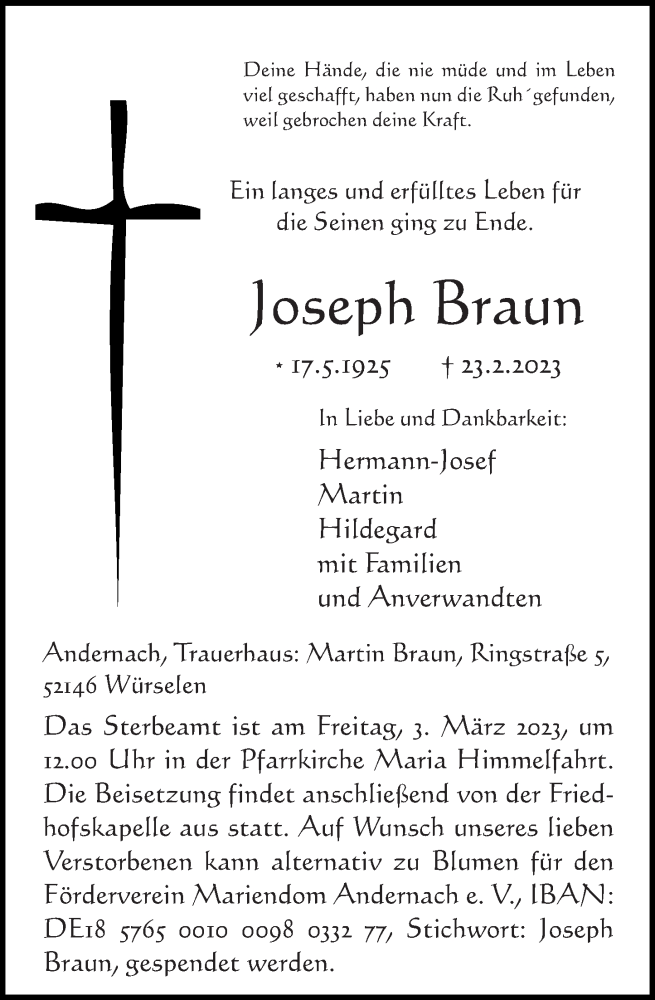 Traueranzeigen Von Joseph Braun Rz Trauer De