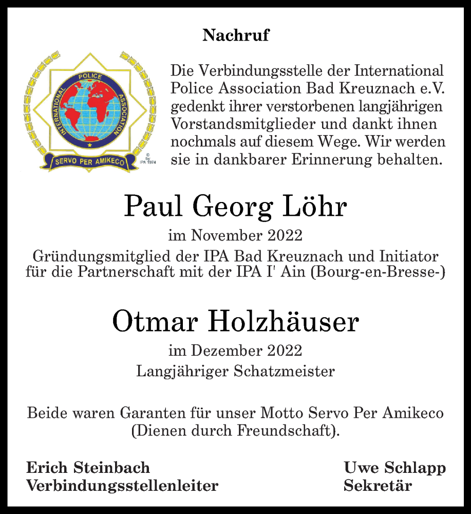 Traueranzeigen von Paul Georg Löhr und Otmar Holzhäuser rz trauer de