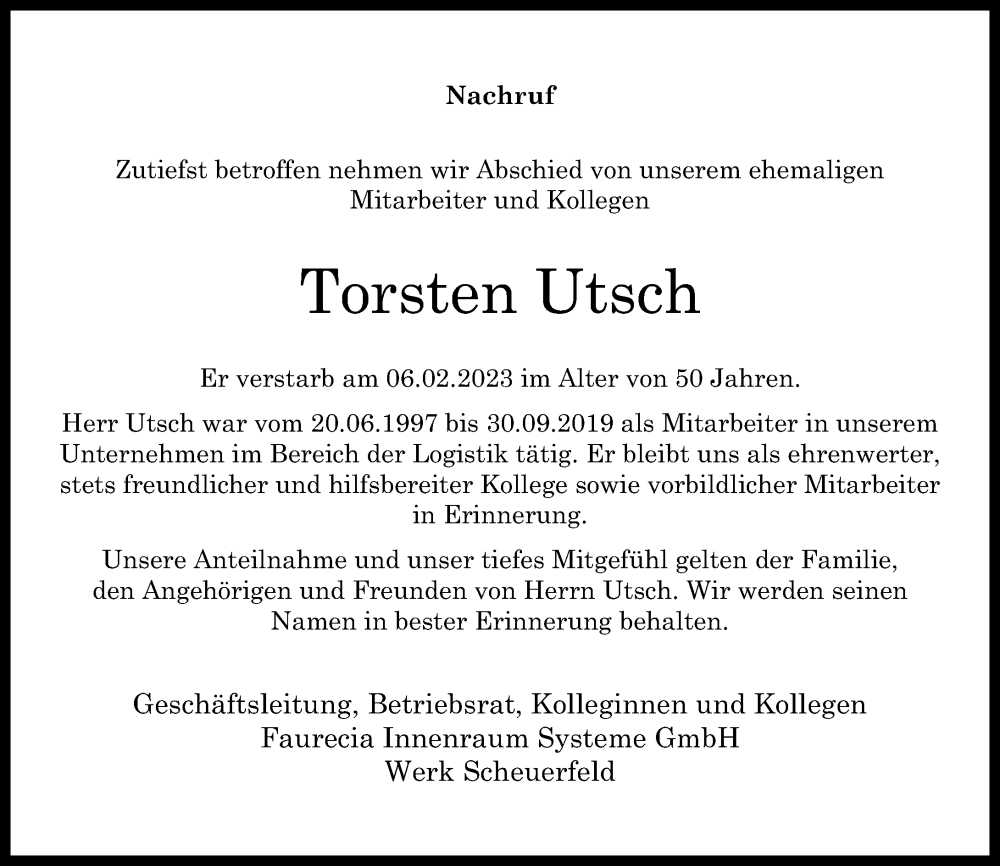 Traueranzeigen Von Torsten Utsch Rz Trauer De