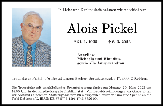 Traueranzeigen Von Alois Pickel Rz Trauer De