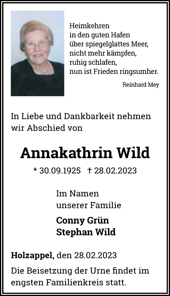 Traueranzeigen Von Annakathrin Wild Rz Trauer De