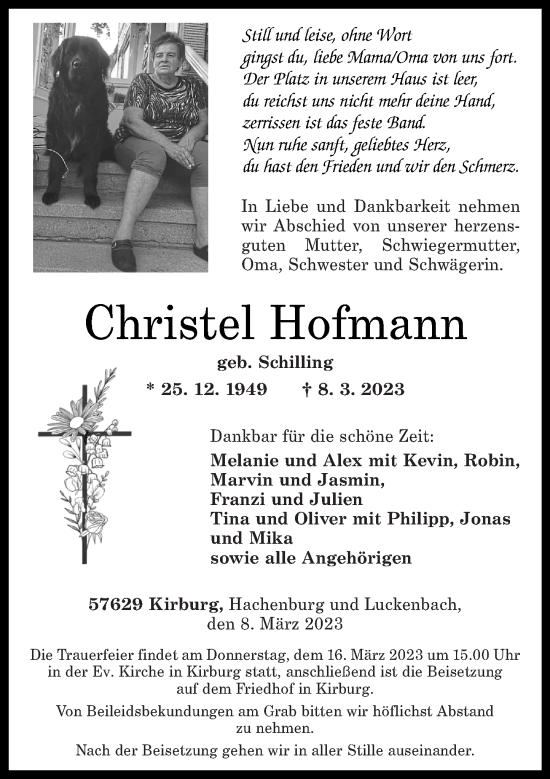 Traueranzeigen Von Christel Hofmann Rz Trauer De