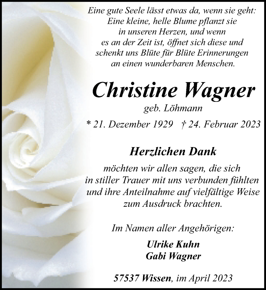 Traueranzeigen Von Christine Wagner Rz Trauer De