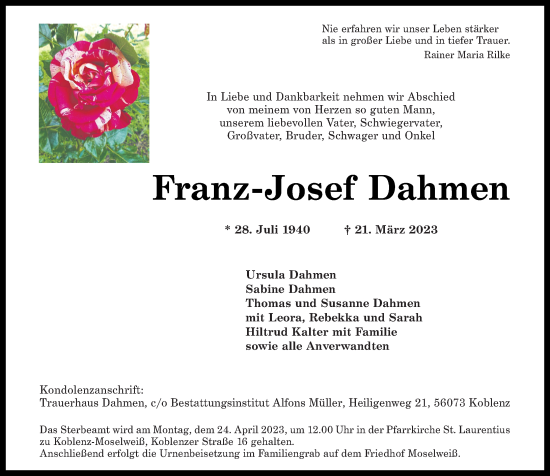 Traueranzeigen Von Franz Josef Dahmen Rz Trauer De