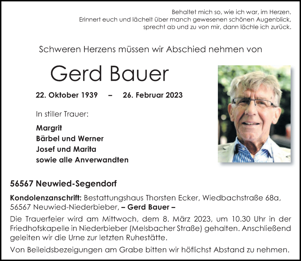 Traueranzeigen Von Gerd Bauer Rz Trauer De