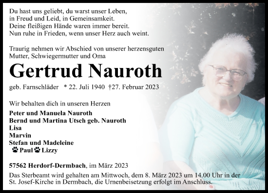 Traueranzeigen Von Gertrud Nauroth Rz Trauer De