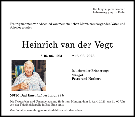 Traueranzeigen Von Heinrich Van Der Vegt Rz Trauer De