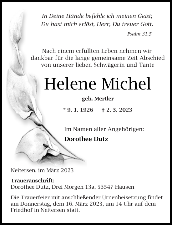 Traueranzeigen Von Helene Michel Rz Trauer De