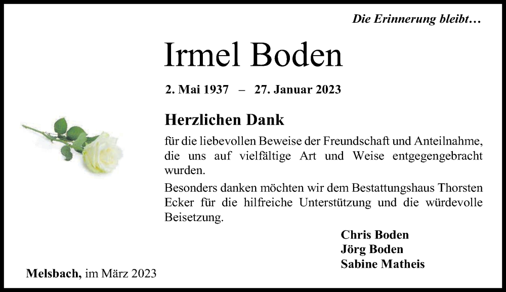 Traueranzeigen Von Irmel Boden Rz Trauer De