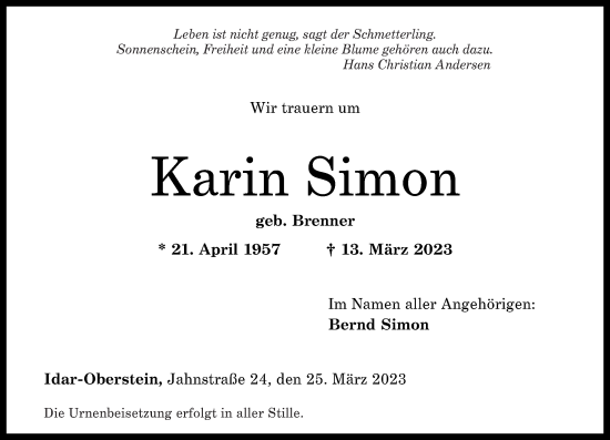 Traueranzeigen Von Karin Simon Rz Trauer De