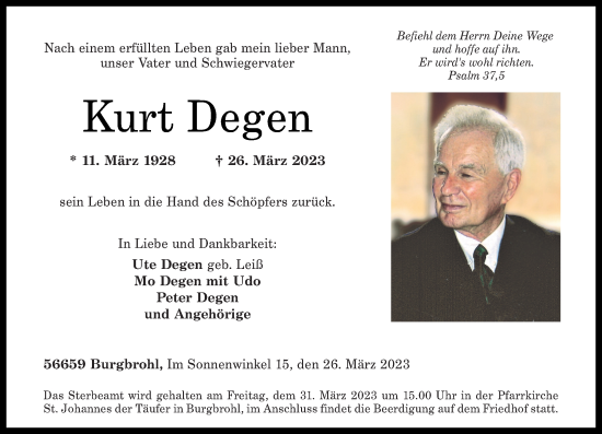 Traueranzeigen Von Kurt Degen Rz Trauer De