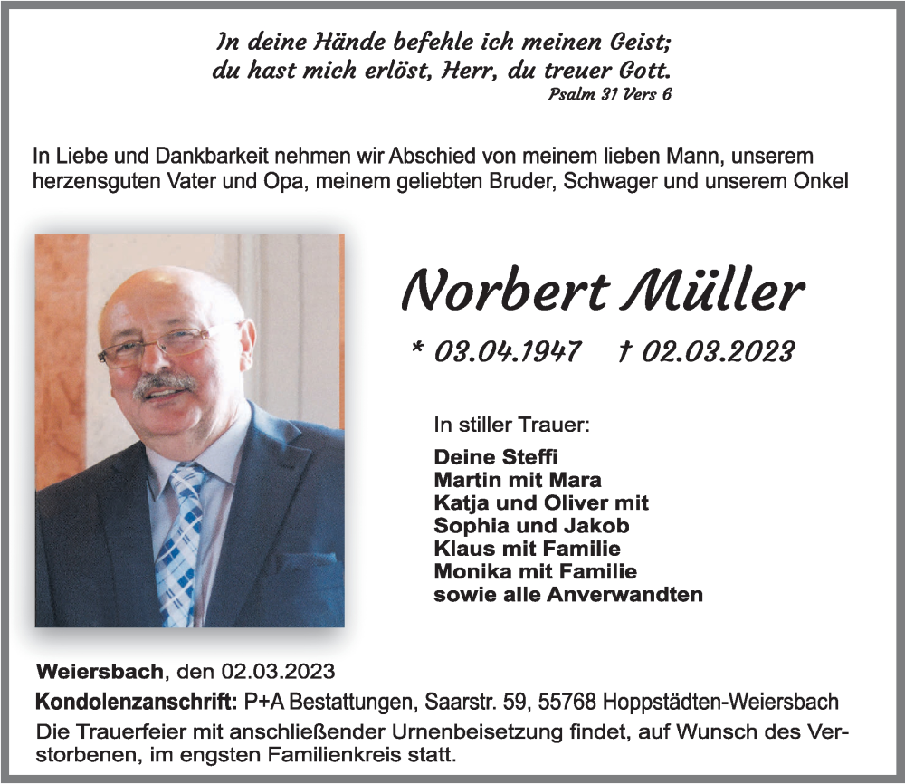 Traueranzeigen Von Norbert M Ller Rz Trauer De