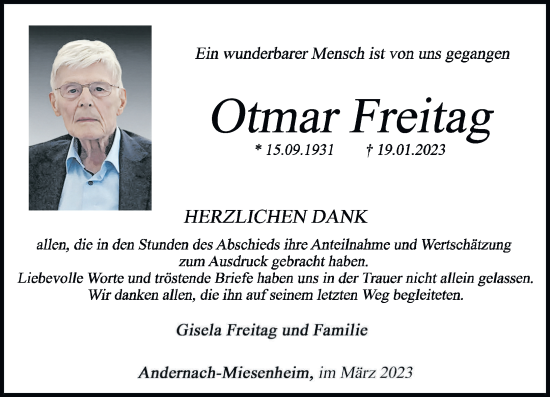 Traueranzeigen Von Otmar Freitag Rz Trauer De