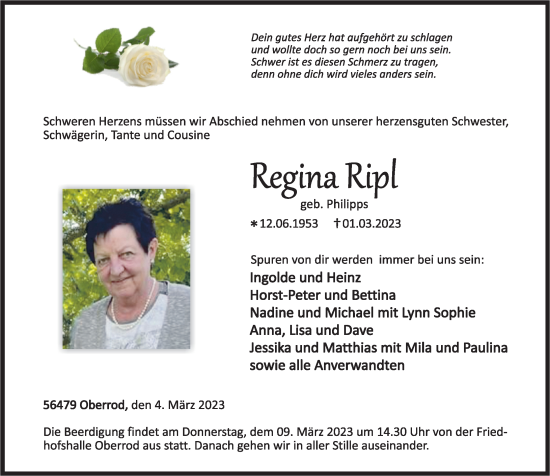 Traueranzeigen Von Regina Ripl Rz Trauer De