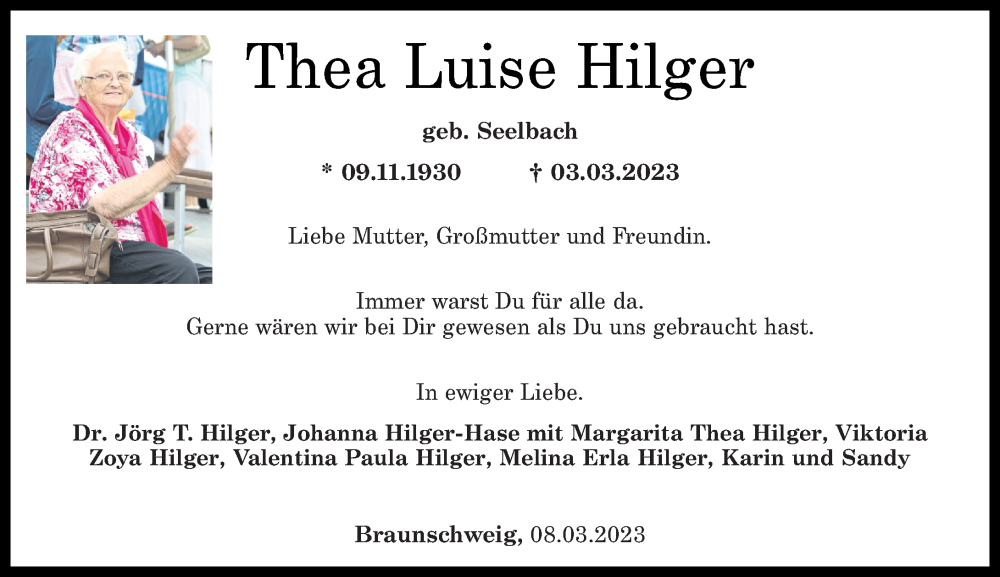 Traueranzeigen Von Thea Luise Hilger Rz Trauer De