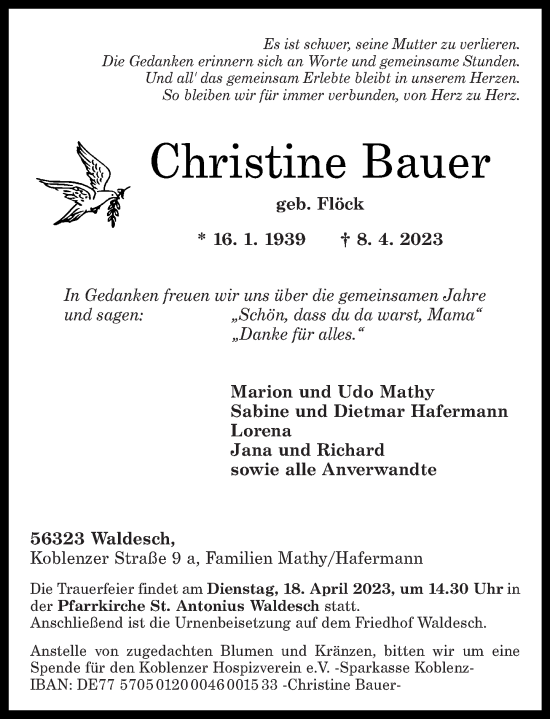 Traueranzeigen Von Christine Bauer Rz Trauer De