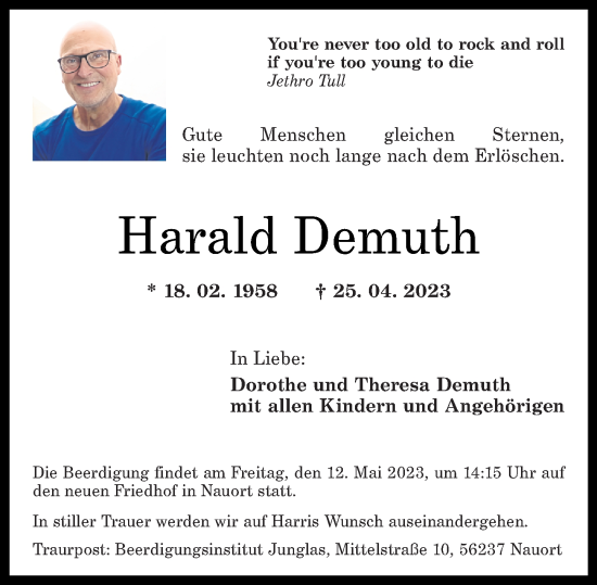 Traueranzeigen Von Harald Demuth Rz Trauer De