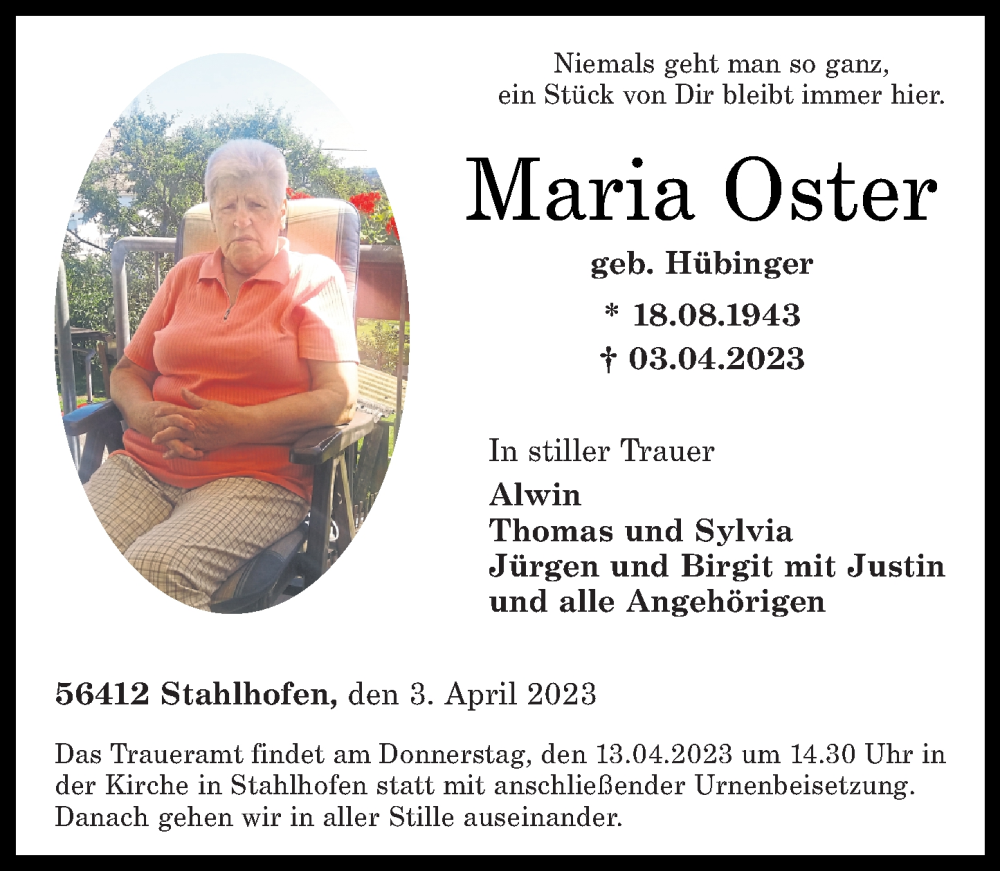 Traueranzeigen Von Maria Oster Rz Trauer De