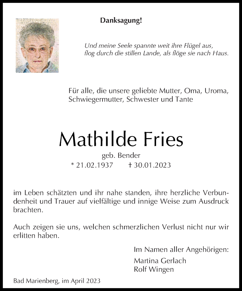 Traueranzeigen Von Mathilde Fries Rz Trauer De