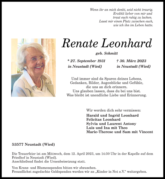 Traueranzeigen Von Renate Leonhard Rz Trauer De