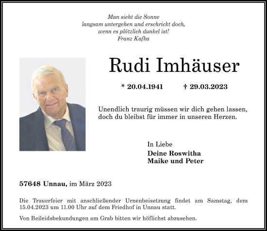 Traueranzeigen von Rudi Imhäuser rz trauer de