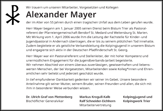 Traueranzeigen Von Alexander Mayer Rz Trauer De