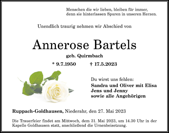 Traueranzeigen Von Annerose Bartels Rz Trauer De