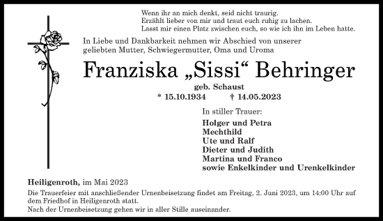 Traueranzeigen Von Franziska Behringer Rz Trauer De