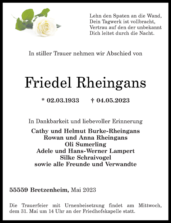 Traueranzeigen Von Friedel Rheingans Rz Trauer De