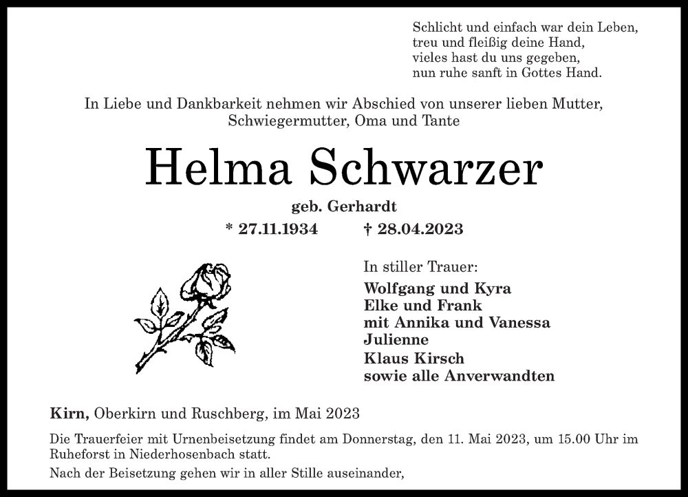 Traueranzeigen Von Helma Schwarzer Rz Trauer De