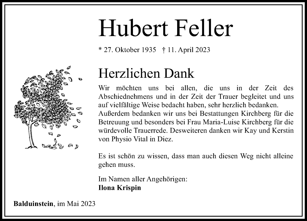 Traueranzeigen Von Hubert Feller Rz Trauer De